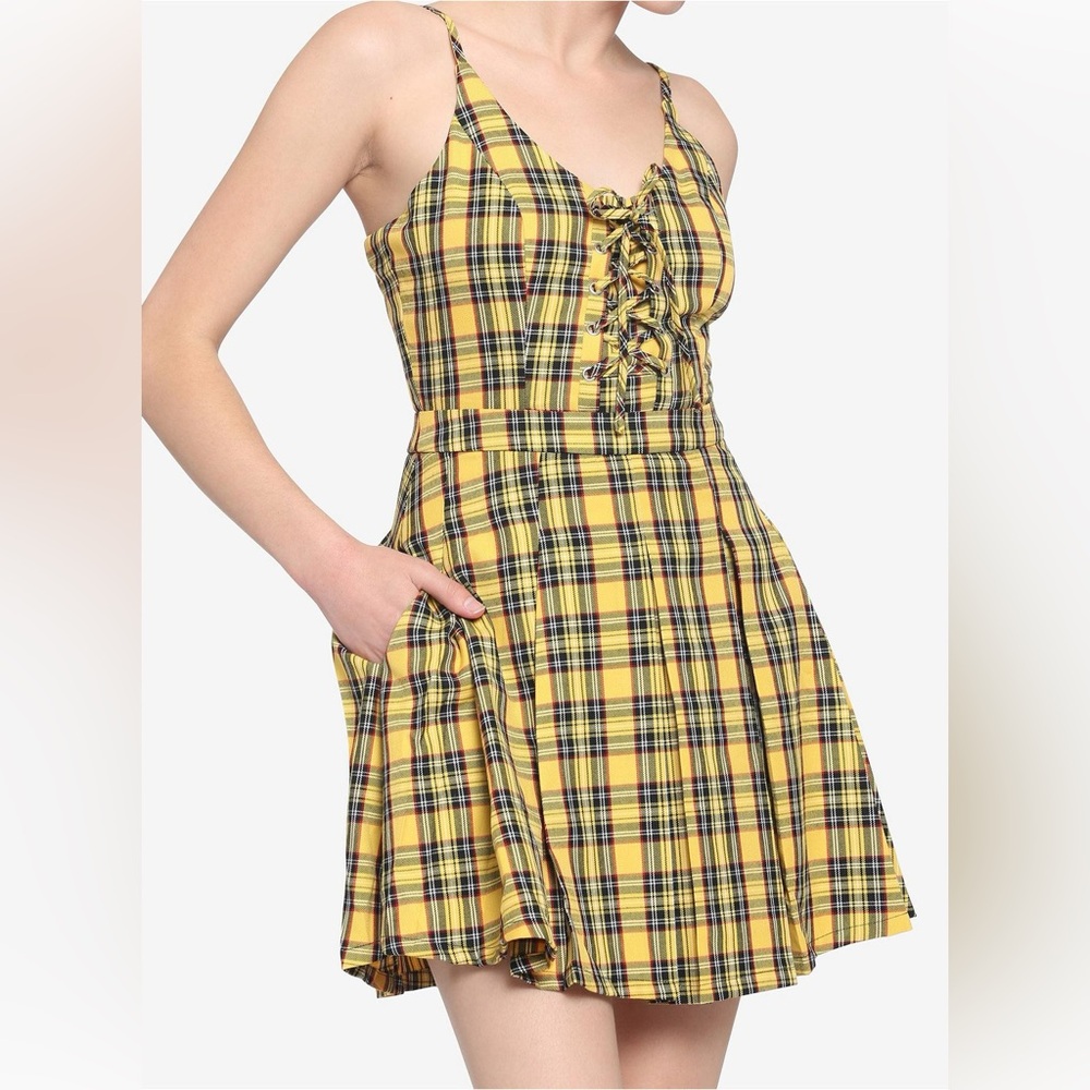 Hot Topic Dress Women Yellow Plaid Pleated Lace Up Corset Mini Goth Punk